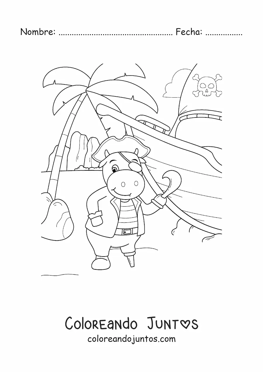 Imagen para colorear de vaca pirata animada en la isla del tesoro con su barco