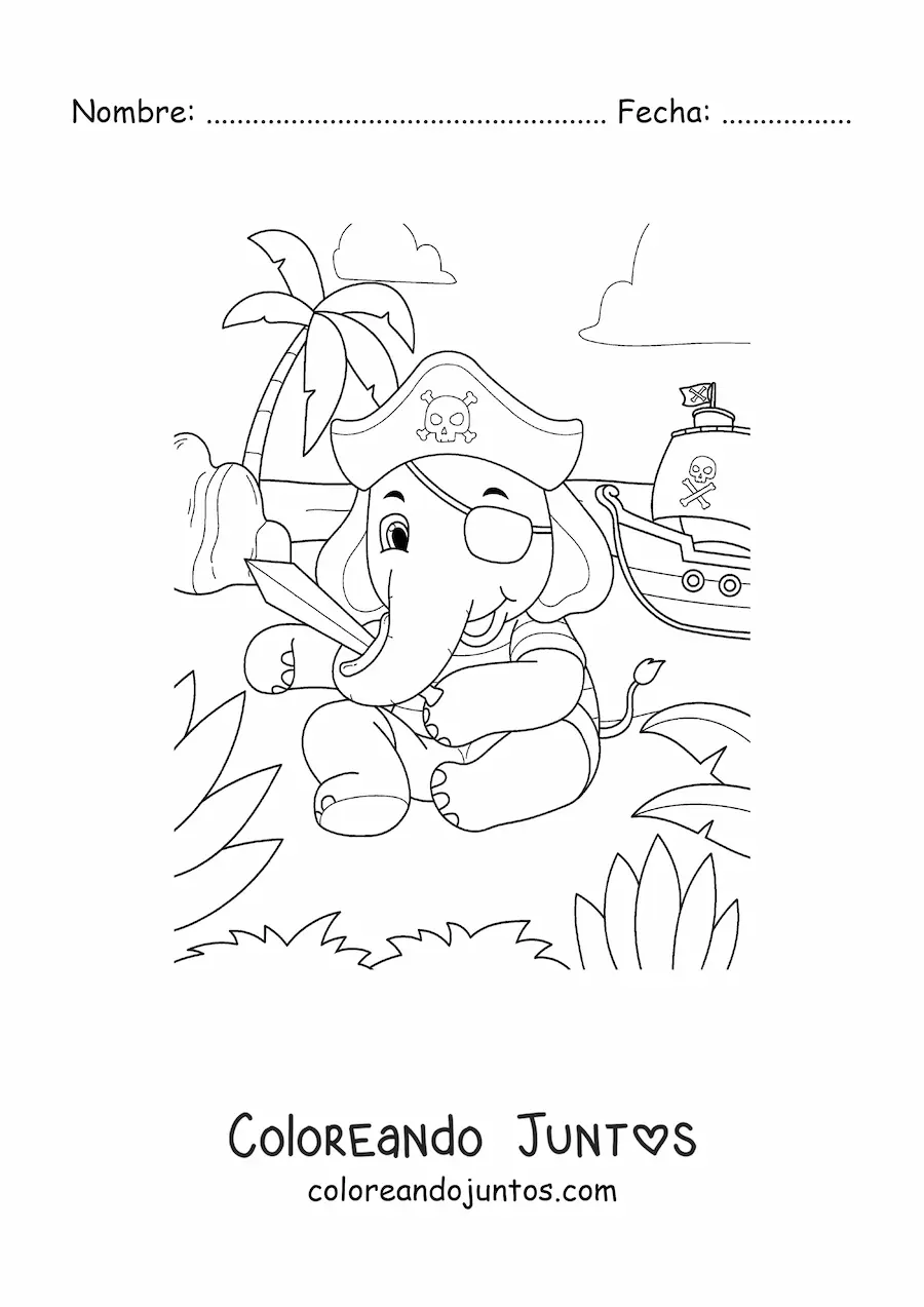 Imagen para colorear de elefante pirata animado en la isla del tesoro con su barco