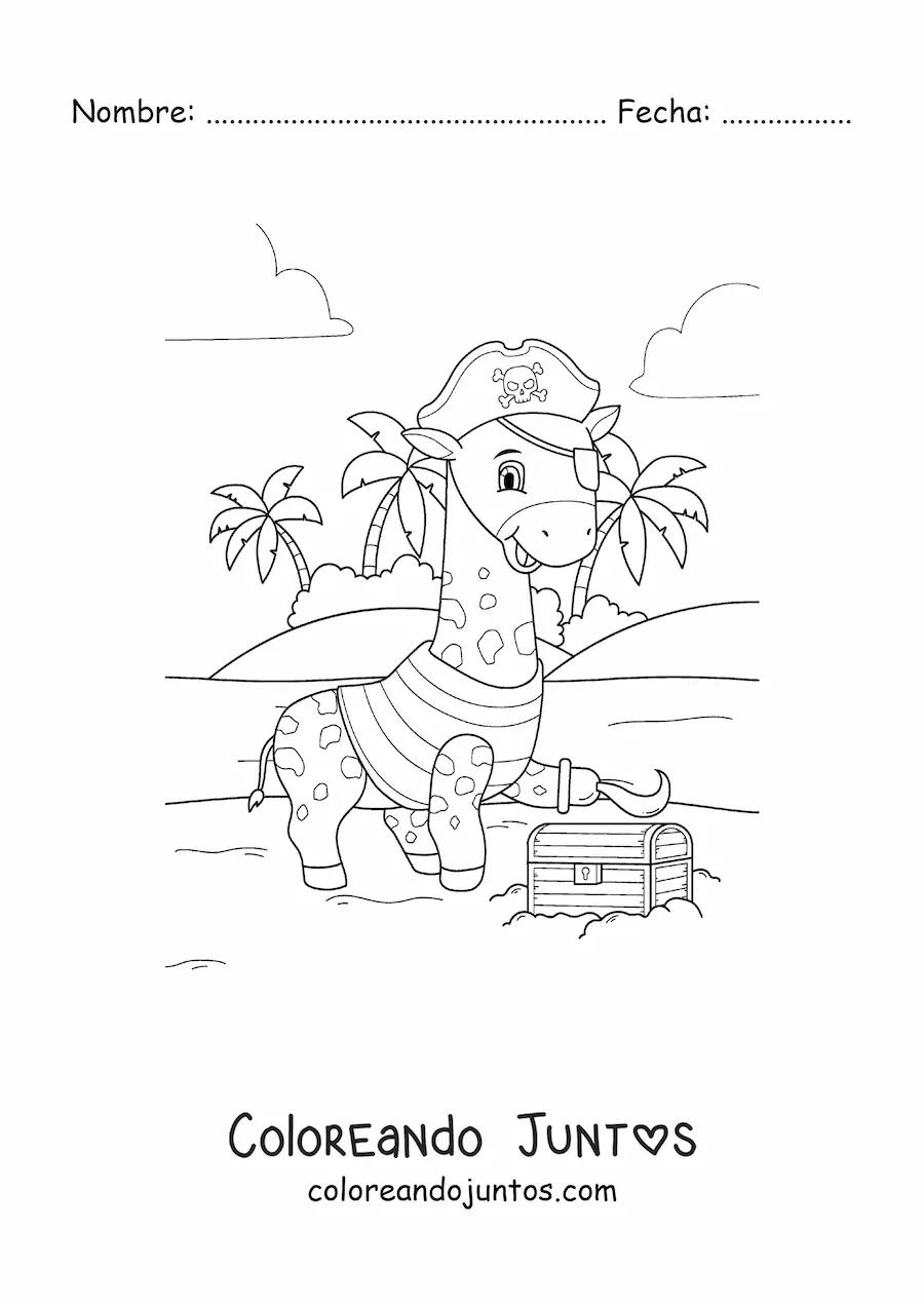 Imagen para colorear de jirafa pirata animada con cofre del tesoro en la isla