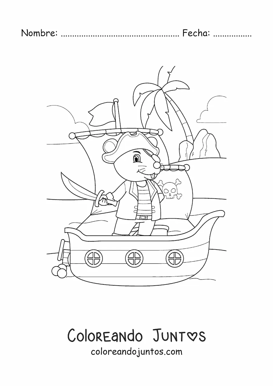 Imagen para colorear de ratón pirata animado en un barco llegando a la isla