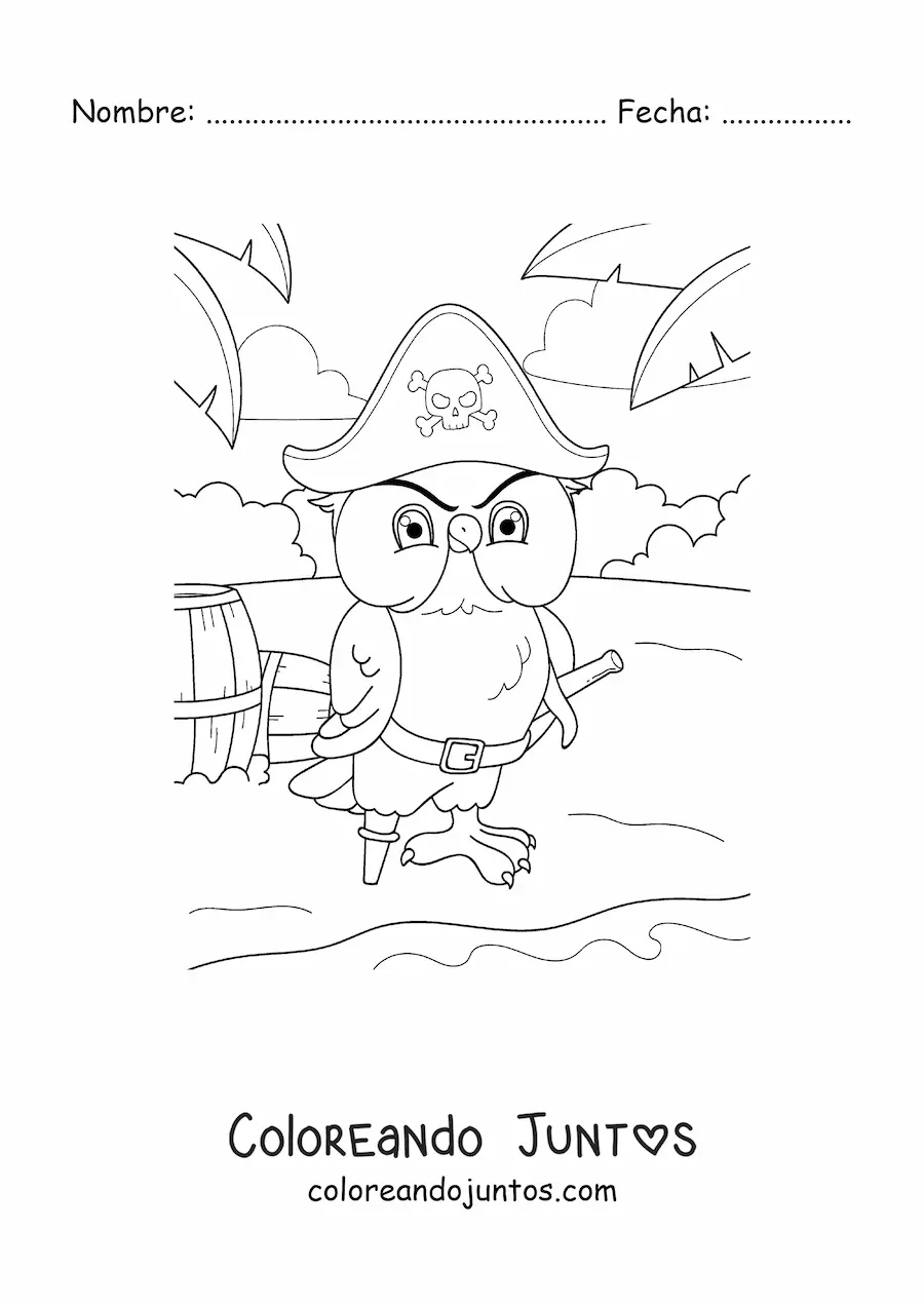Imagen para colorear de búho pirata animado en la isla del tesoro