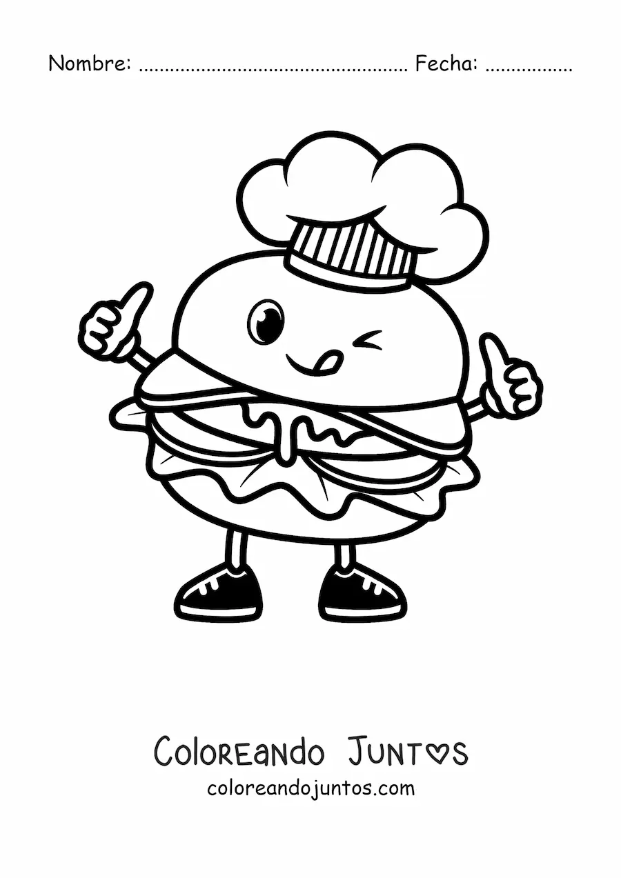Imagen para colorear de una hamburguesa animada con sombrero de chef sacando la lengua