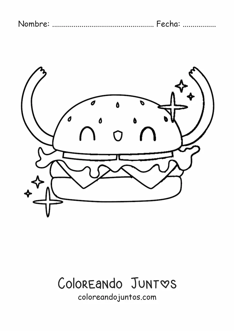 Imagen para colorear de una hamburguesa con brazos hacia arriba sonriendo animada