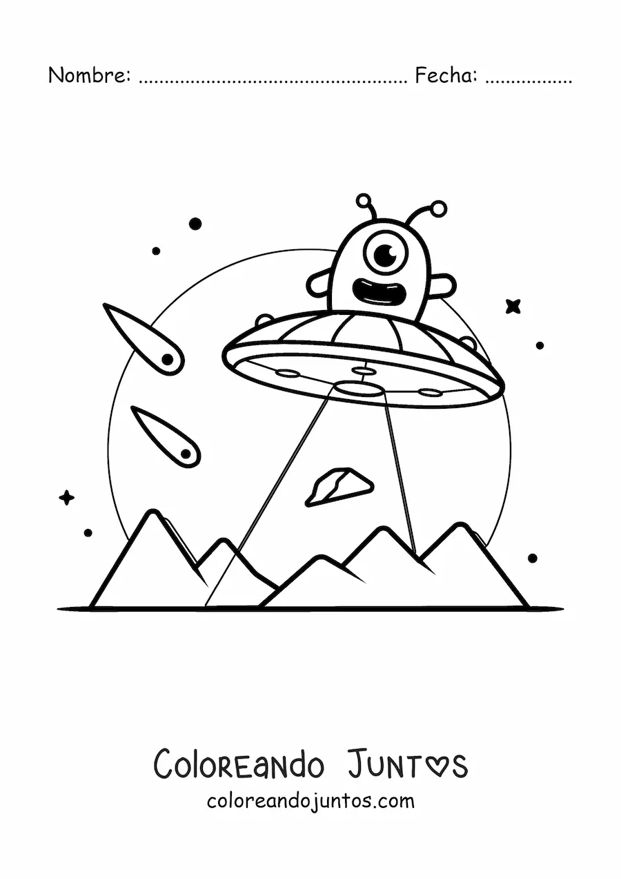 Imagen para colorear de extraterrestre animado volando en un ovni