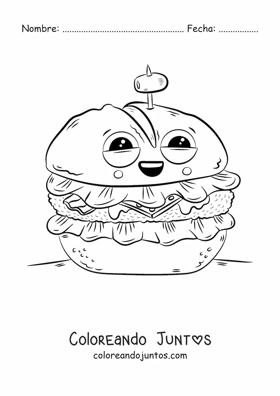 Imagen para colorear de una hamburguesa animada con una aceituna ensartada