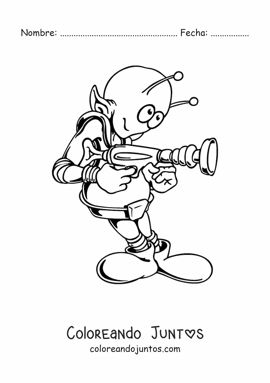 Imagen para colorear de caricatura de un marciano con un arma