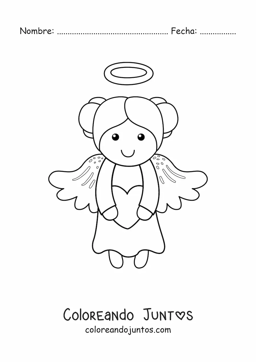 Imagen para colorear de niña ángel animada volando con corazón