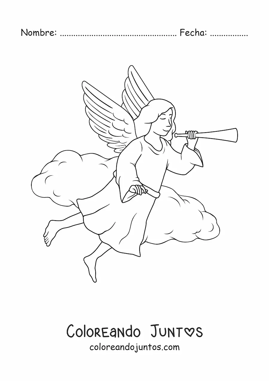 Imagen para colorear de ángel volando en el cielo con trompeta