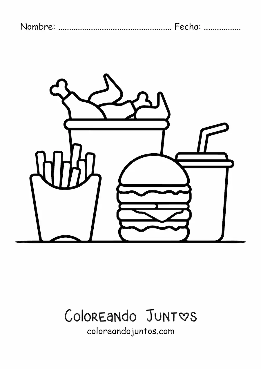 Imagen para colorear de una hamburguesa con papas fritas, refresco y un cubo de pollo