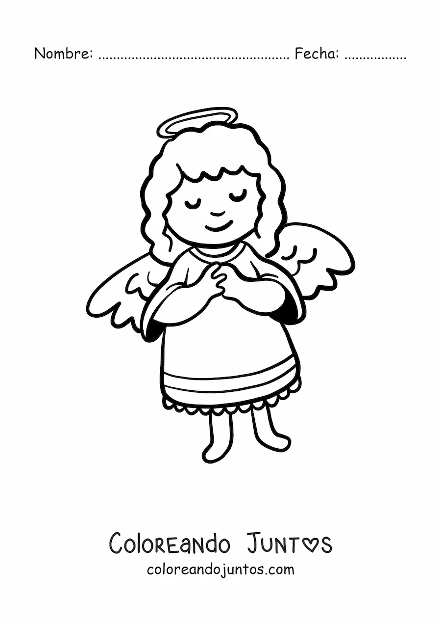 Imagen para colorear de ángel animado rezando con las alas abiertas