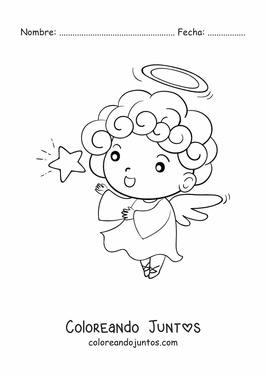 Imagen para colorear de niño ángel animado volando con estrella