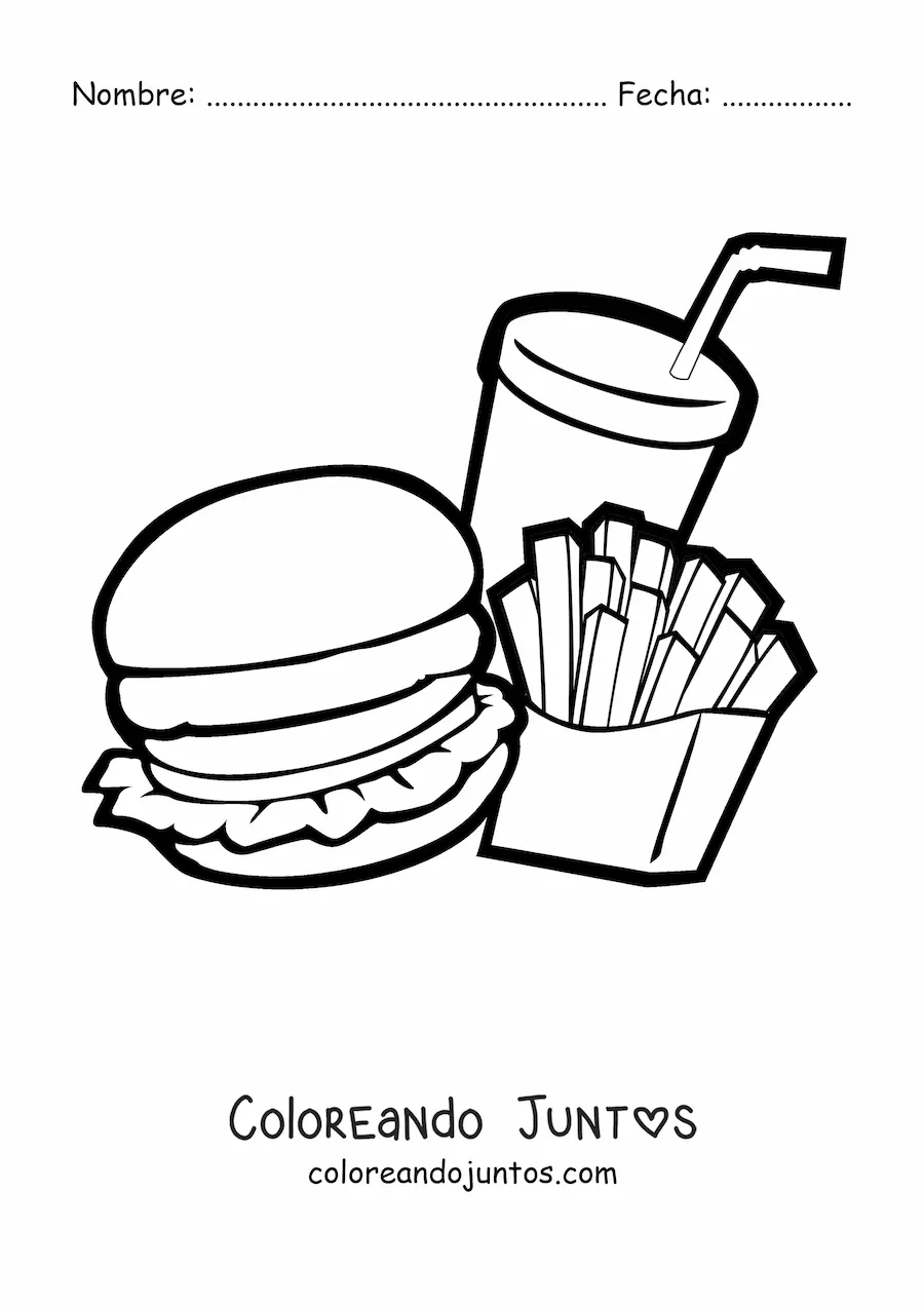 Imagen para colorear de una hamburguesa con papas fritas y refresco animada