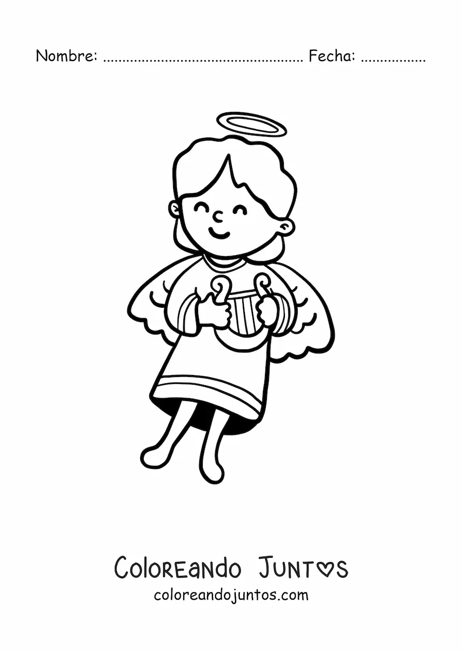 Imagen para colorear de niña ángel animada con arpa