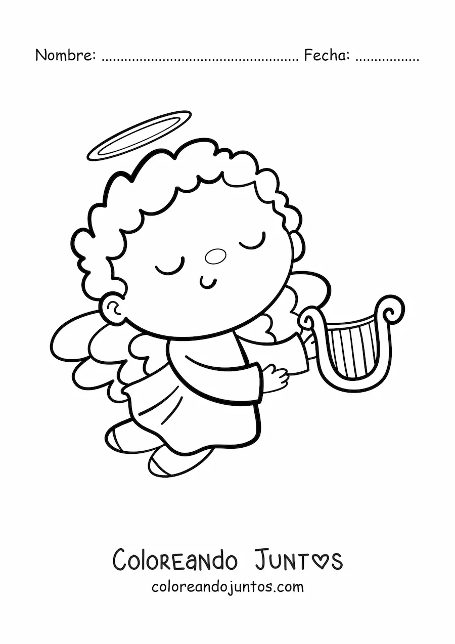 Imagen para colorear de niño ángel animado volando con arpa