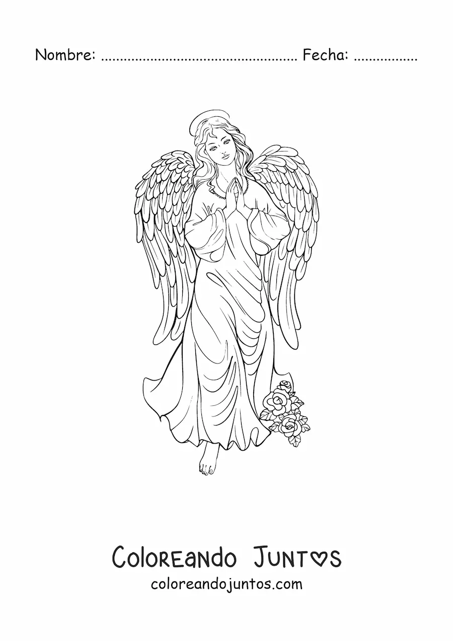 Imagen para colorear de ángel femenino realista con flores