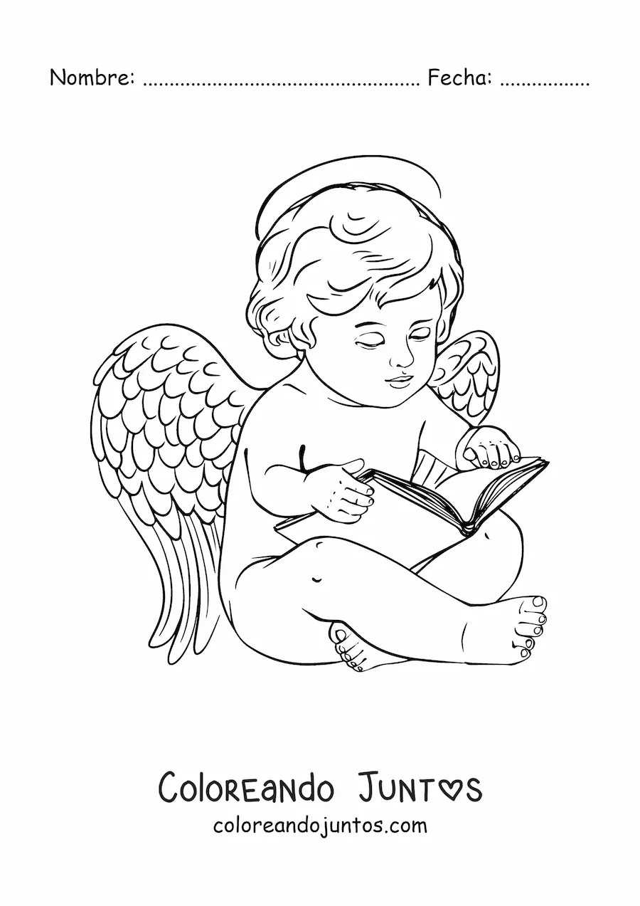 Imagen para colorear de ángel bebe realista leyendo