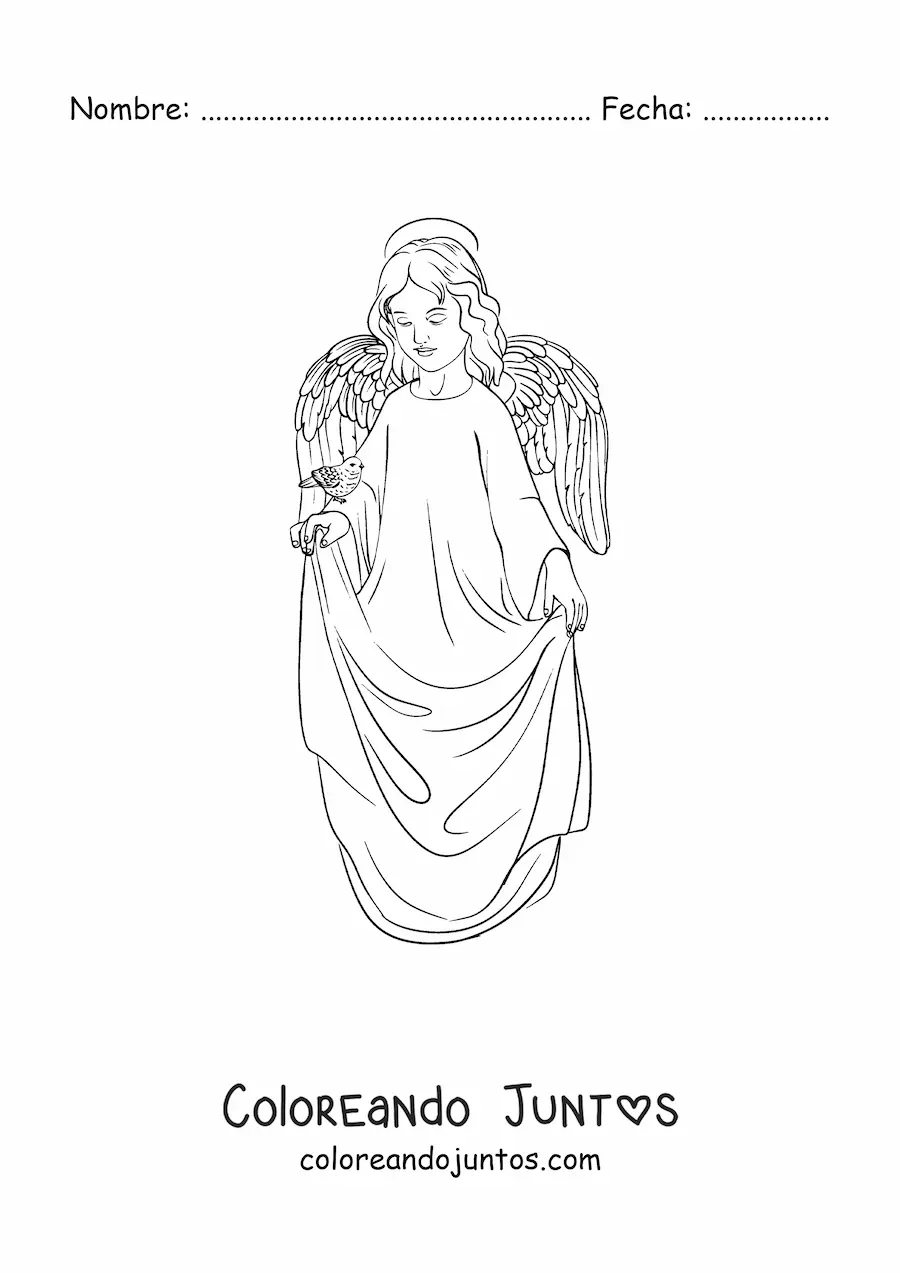Imagen para colorear de niño ángel realista con un ave