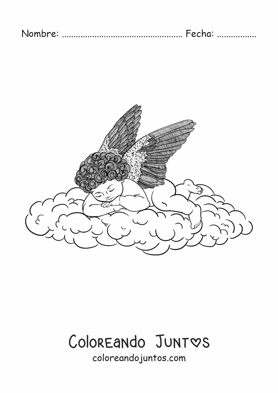 Imagen para colorear de bebé ángel durmiendo en el cielo