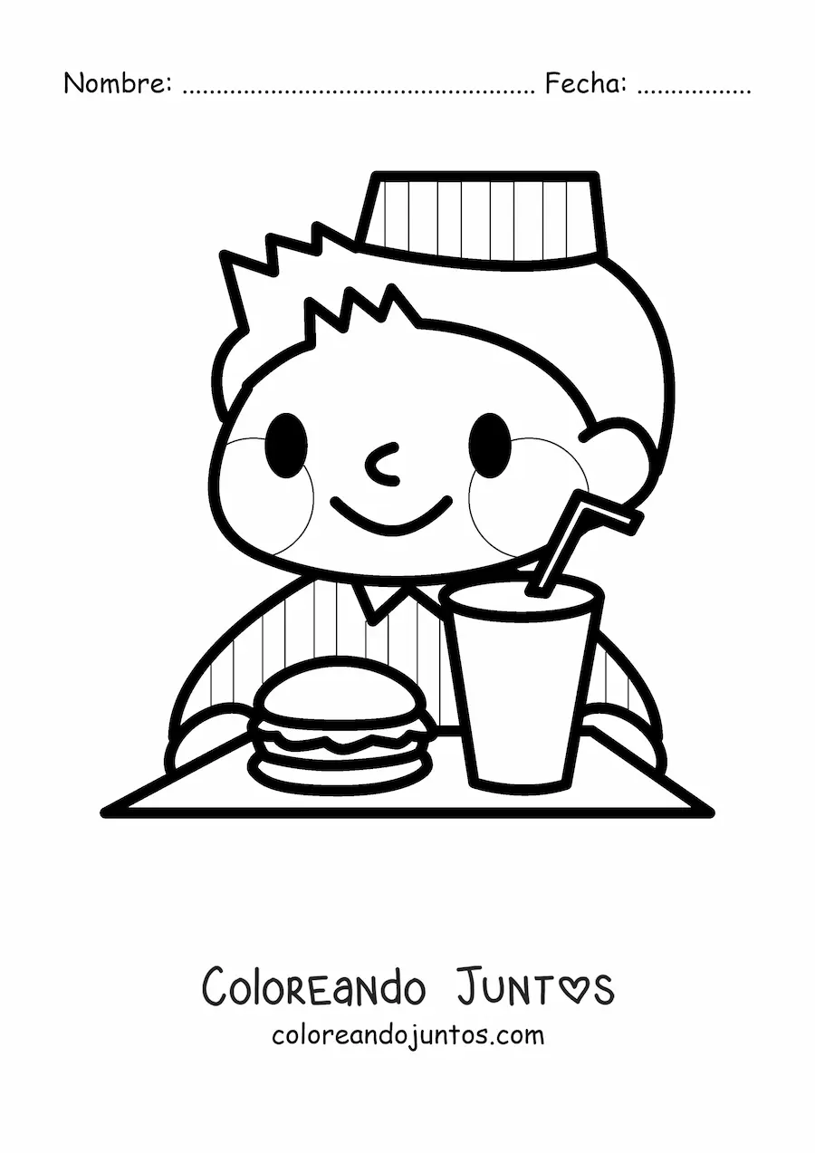 Imagen para colorear de un empleado de una hamburguesería con hamburguesa y refresco