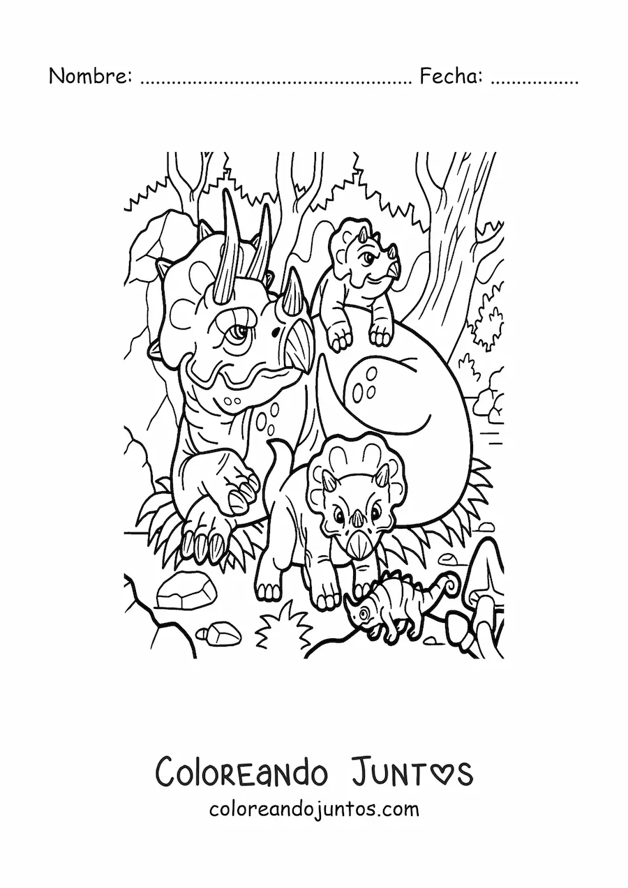 Imagen para colorear de mamá triceratops con sus bebés en la selva