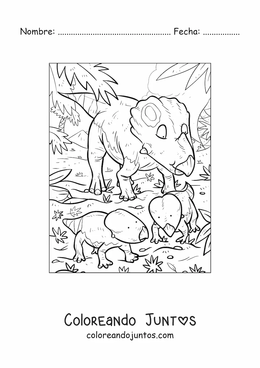 Imagen para colorear de ceratópsido parecido al triceratops con sus bebés