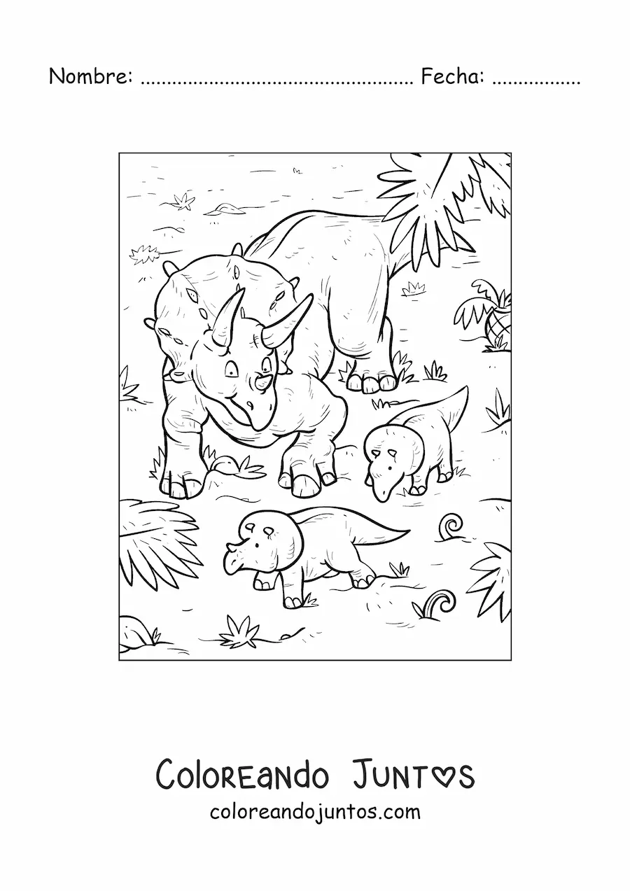 Imagen para colorear de triceratops con sus bebés en su hábitat natural