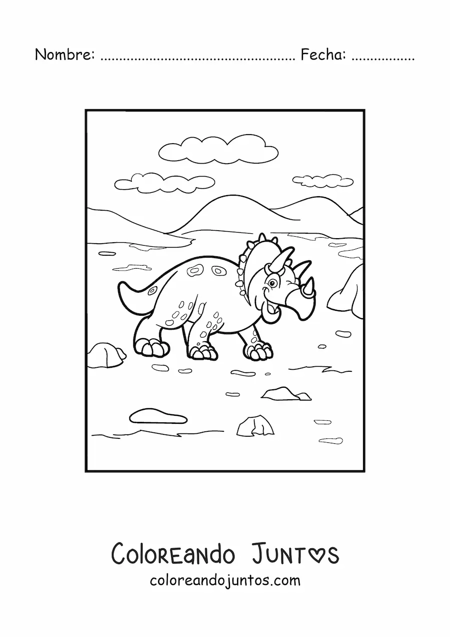Imagen para colorear de triceratops animado caminando en su hábitat