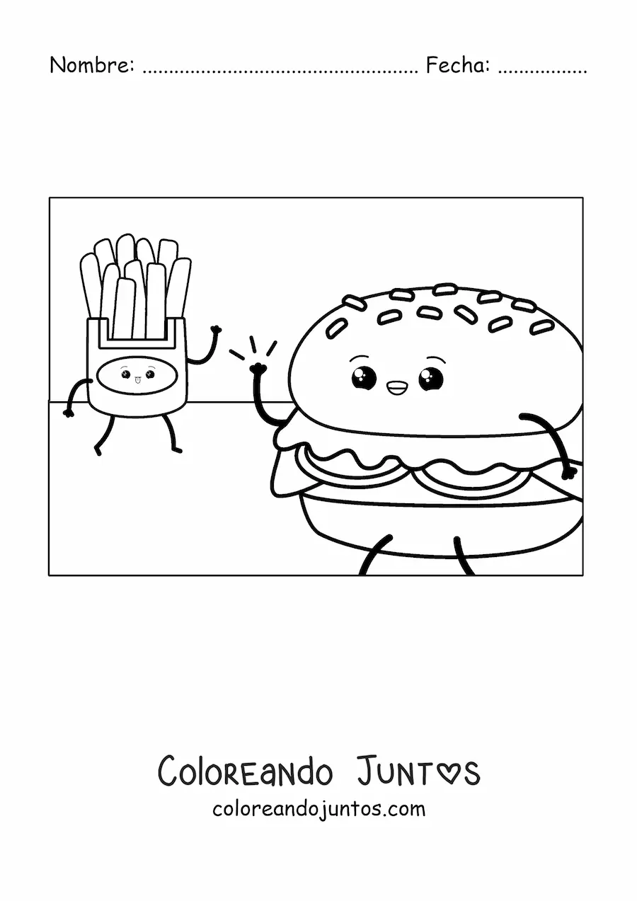 Imagen para colorear de una hamburguesa animada saludando a unas papas fritas