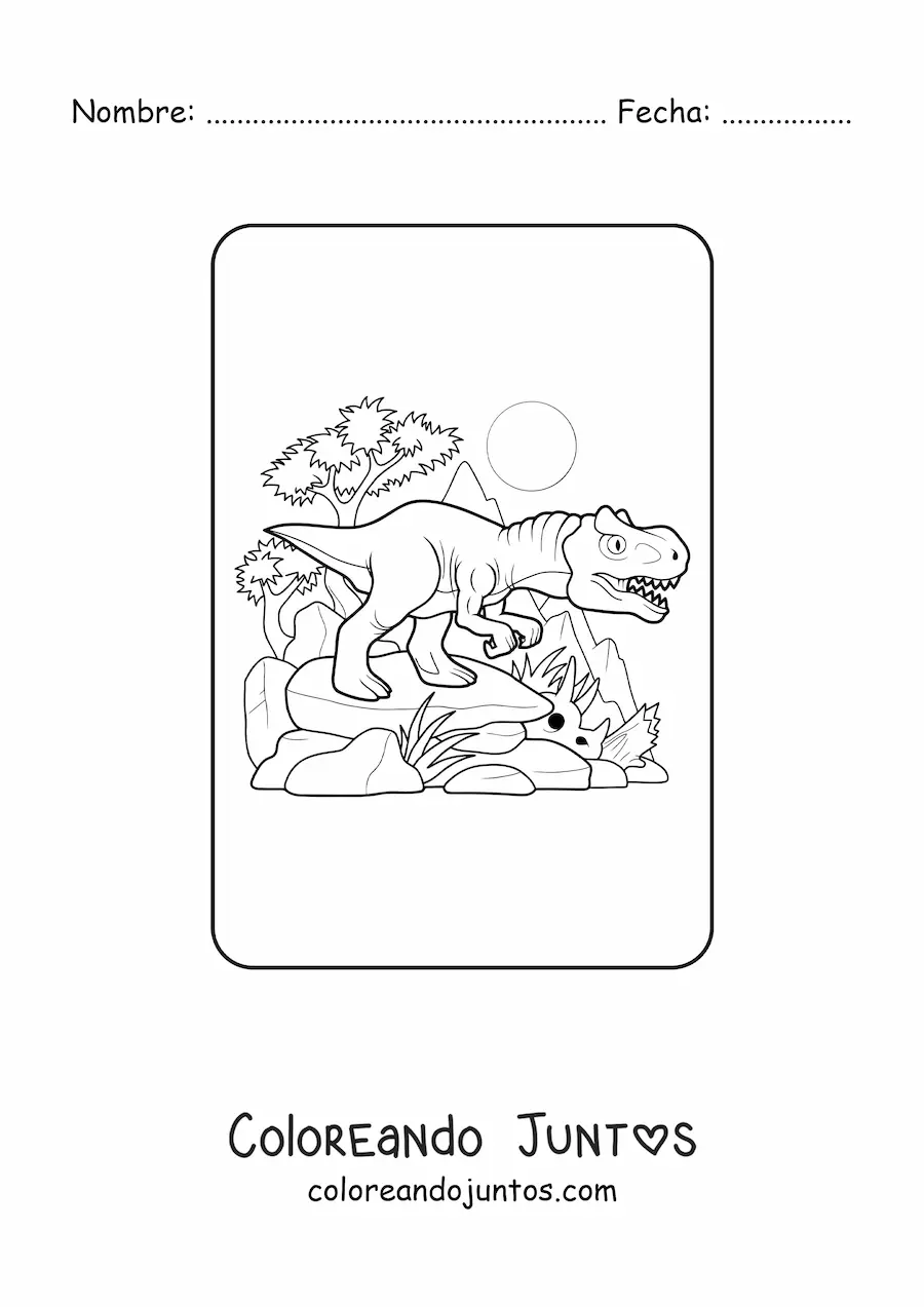 Imagen para colorear de tiranosaurio rex animado en su hábitat