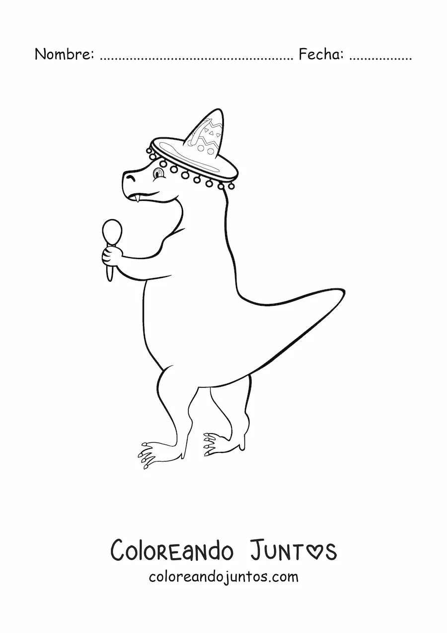 Imagen para colorear de tiranosaurio rex animado con sombrero mexicano