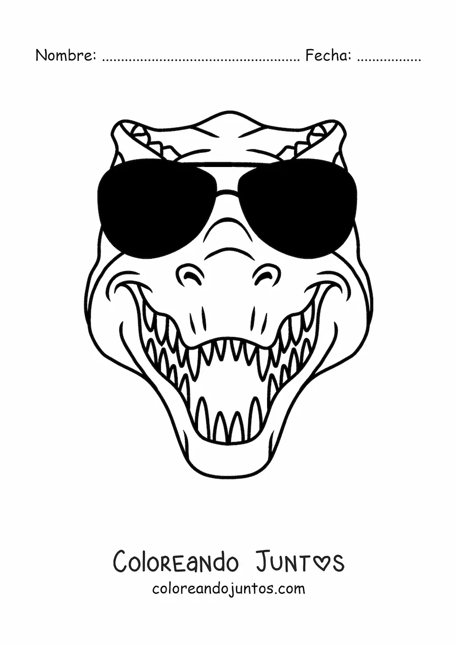 Imagen para colorear de cabeza de un tiranosaurio rex con lentes