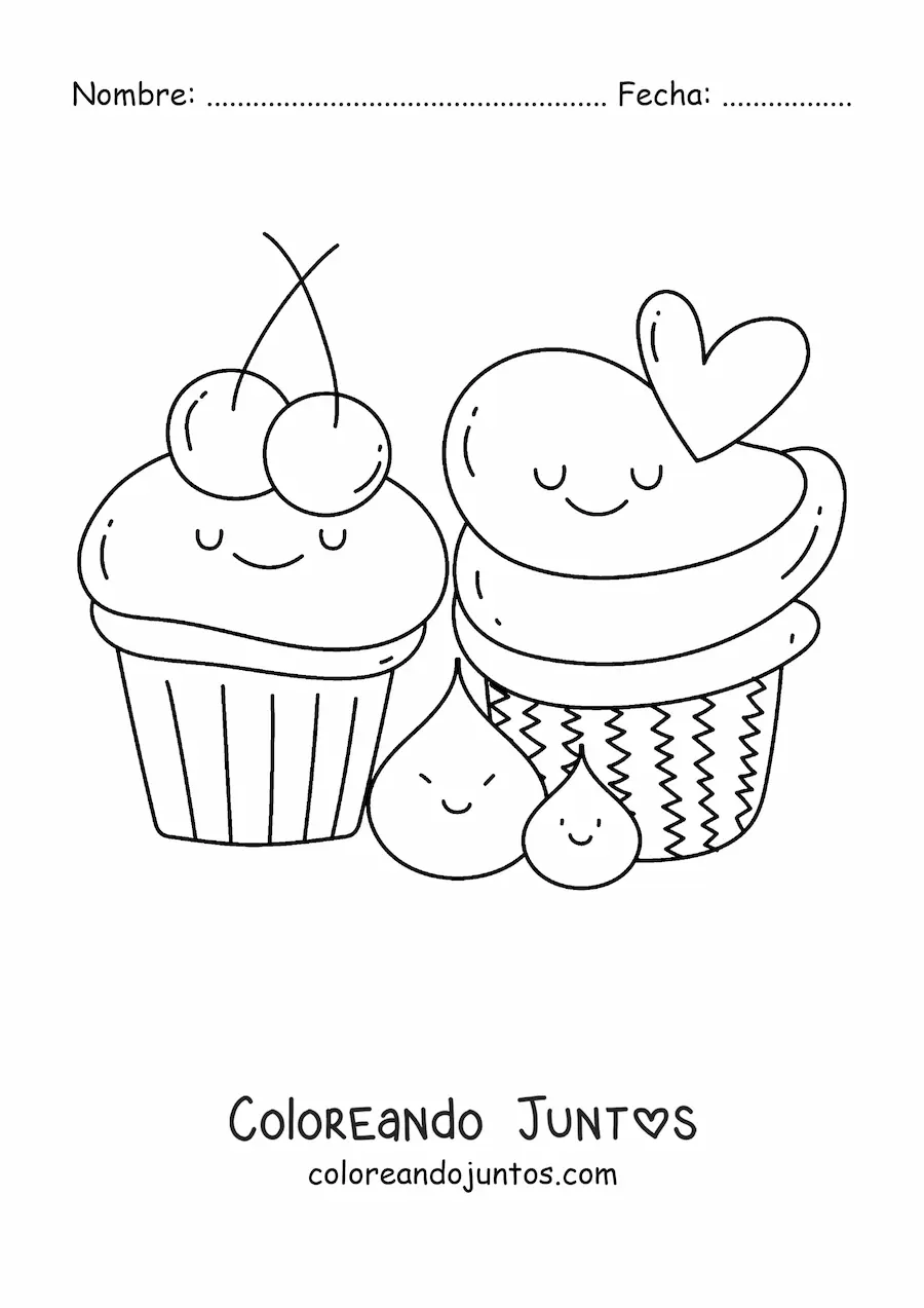 Imagen para colorear de dos cupcakes kawaiis con cerezas y un corazón