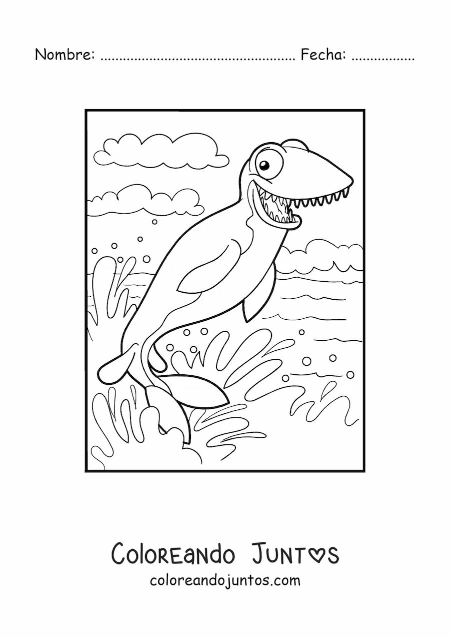 Imagen para colorear de dinosaurio marino animado nadando