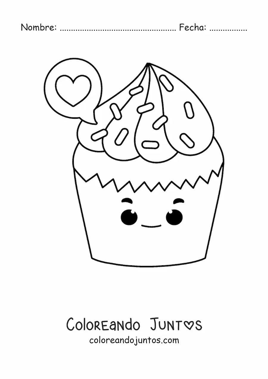 Imagen para colorear de un cupcake kawaii con un corazón