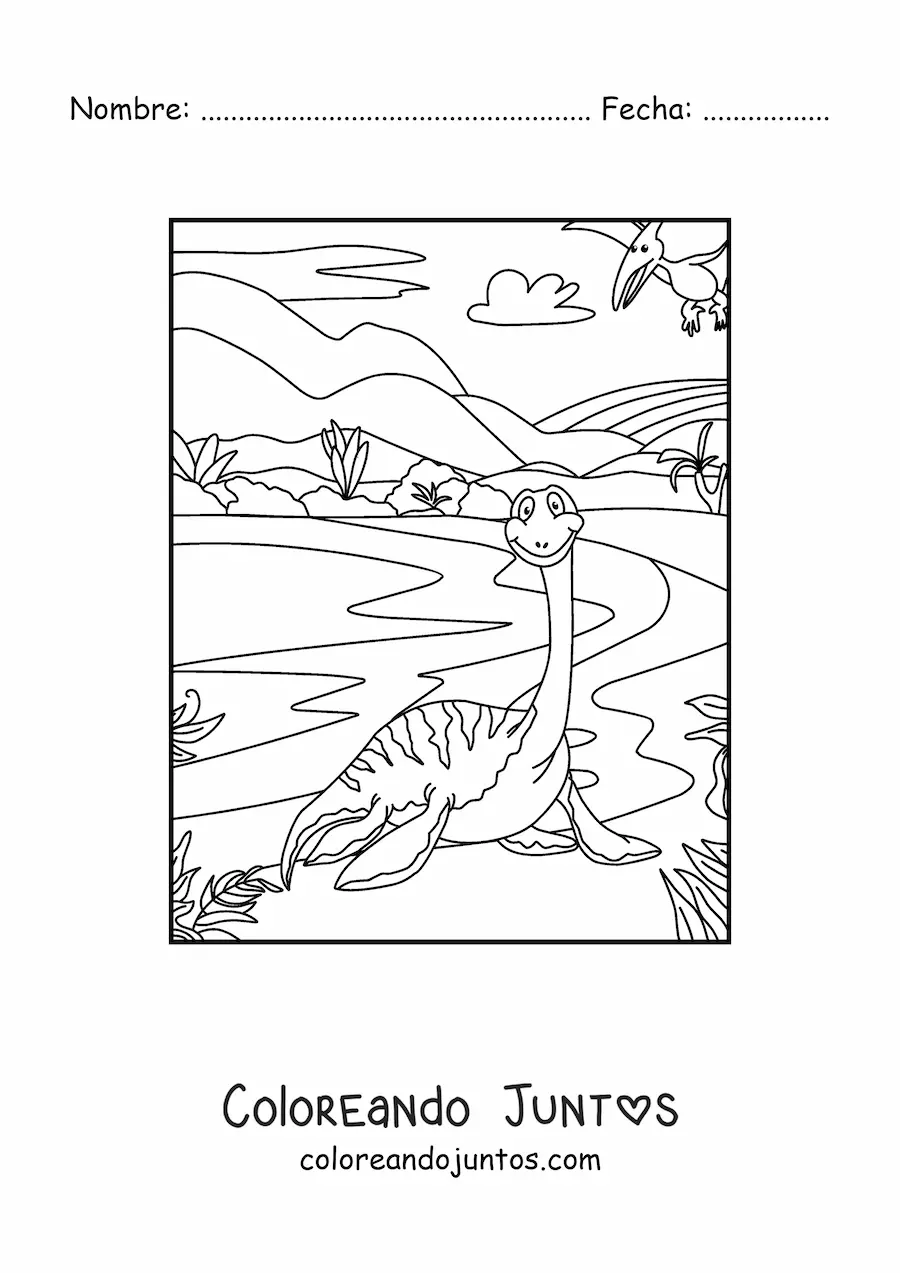 Imagen para colorear de dinosaurio acuático de cuello largo animado en su hábitat