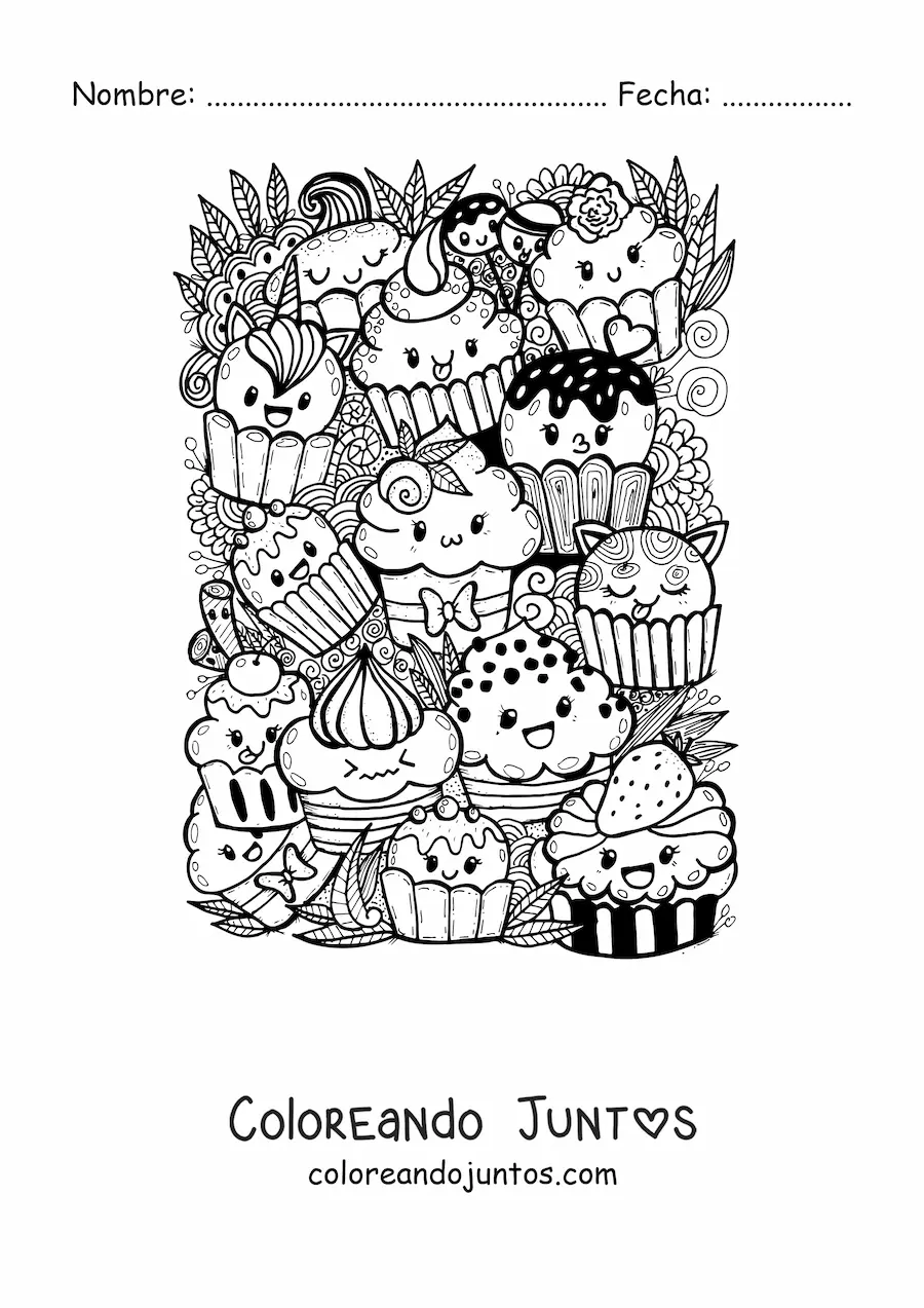 Imagen para colorear de cupcakes kawaiis con hojas y flores