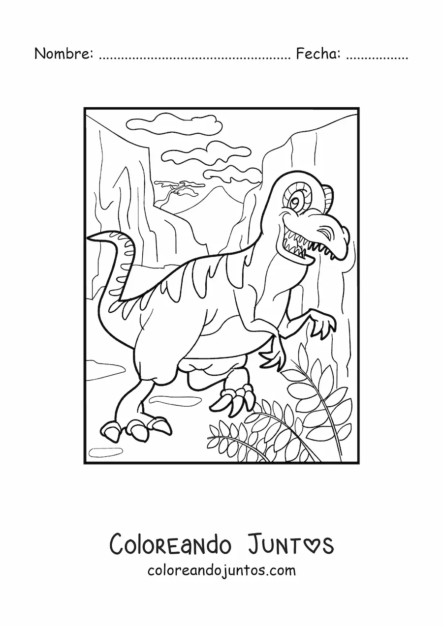 Imagen para colorear de dinosaurio terrestre animado en un cañón