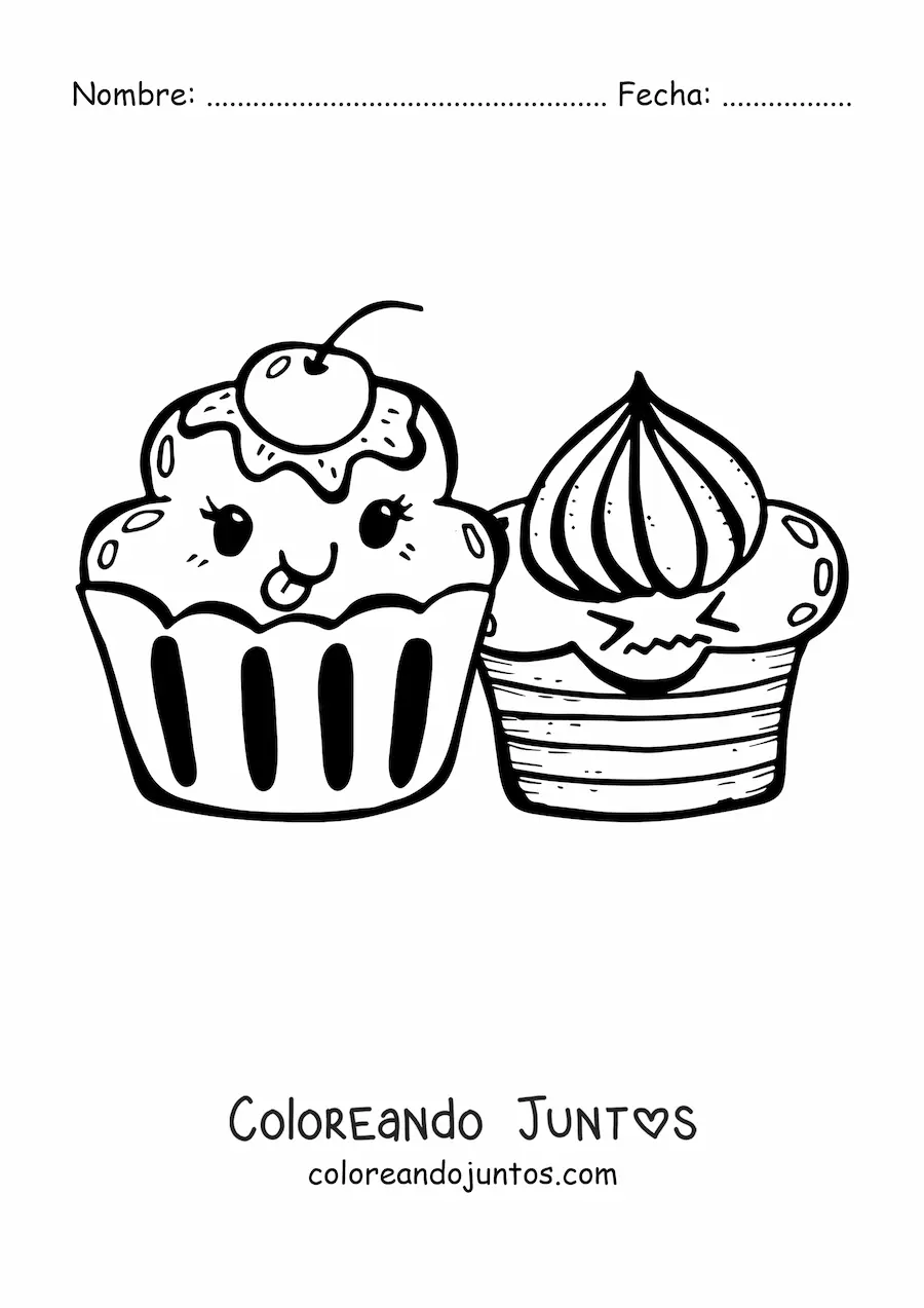Imagen para colorear de dos cupcakes kawaiis