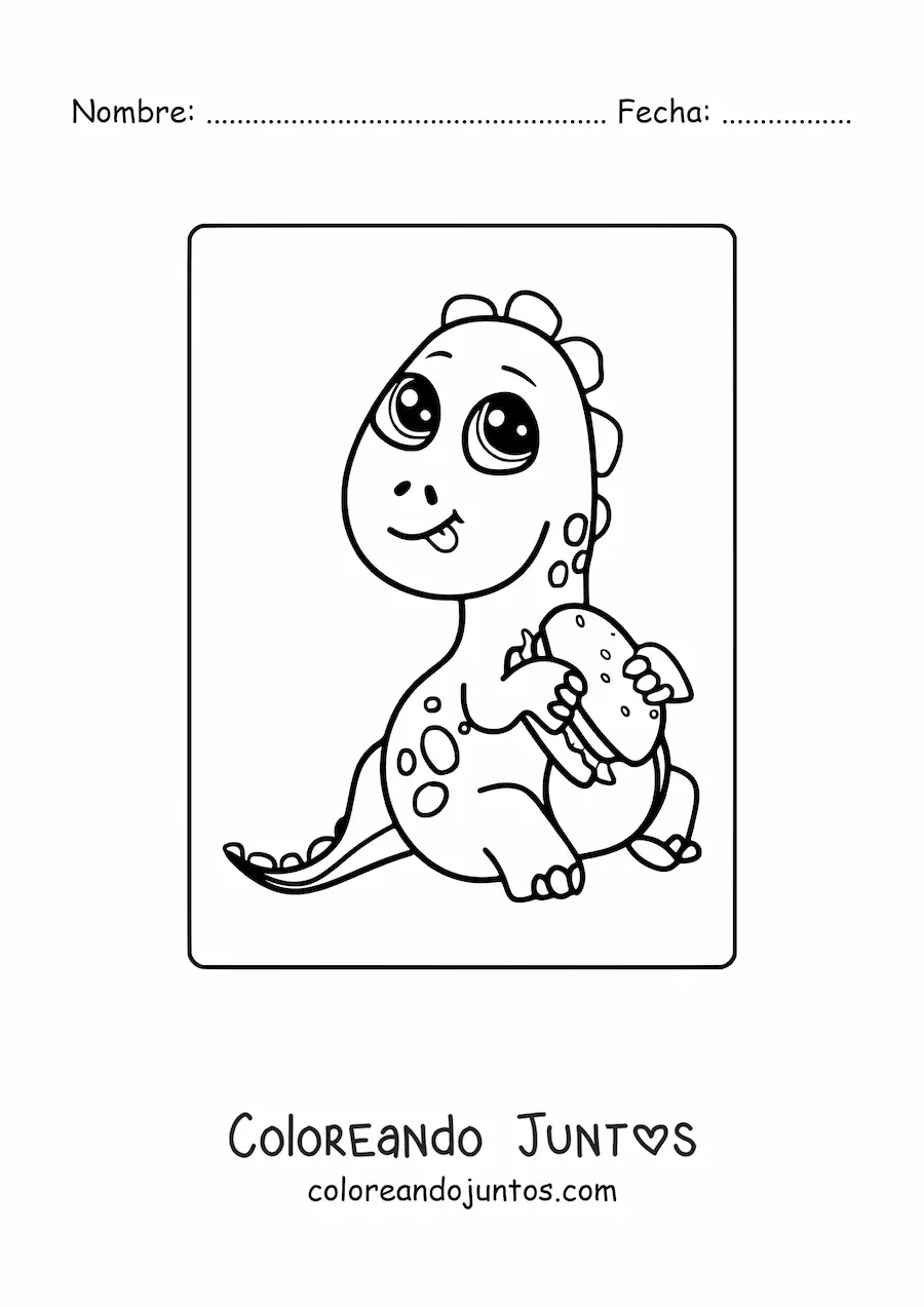 Imagen para colorear de dinosaurio bebé kawaii comiendo hamburguesa