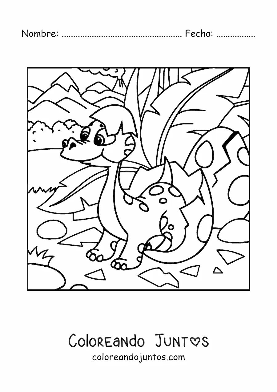 Imagen para colorear de dinosaurio bebé animado saliendo de su huevo en la jungla