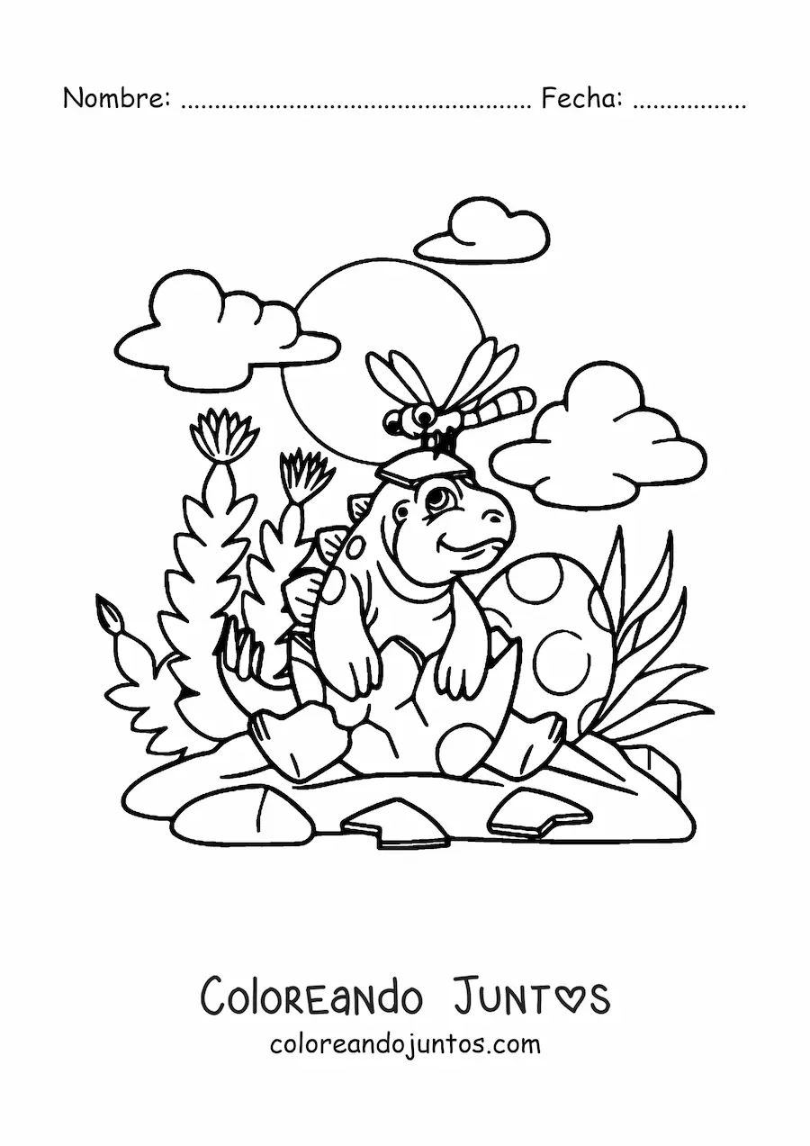 Imagen para colorear de dinosaurio bebé animado saliendo de su huevo