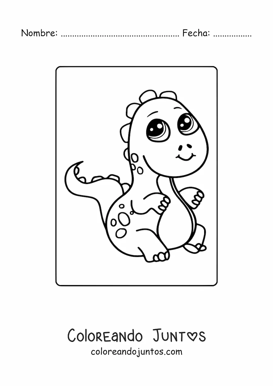 Imagen para colorear de dinosaurio bebé kawaii sentado sonriendo