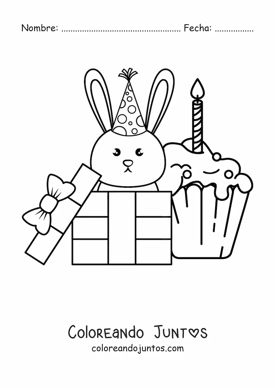 Imagen para colorear de un conejo kawaii con un cupcake de cumpleaños y una caja de regalo