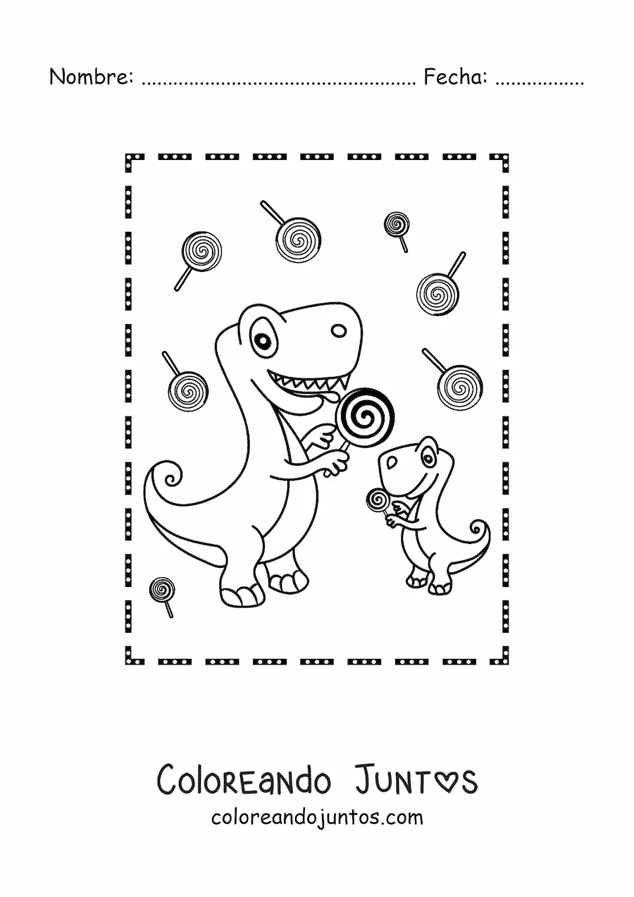 Imagen para colorear de dinosaurio bebé animado con su mamá comiendo dulces