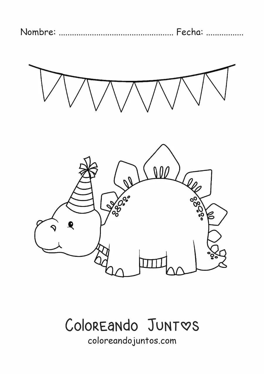 Imagen para colorear de dinosaurios bebés bonitos estegosaurio en una fiesta de cumpleaños