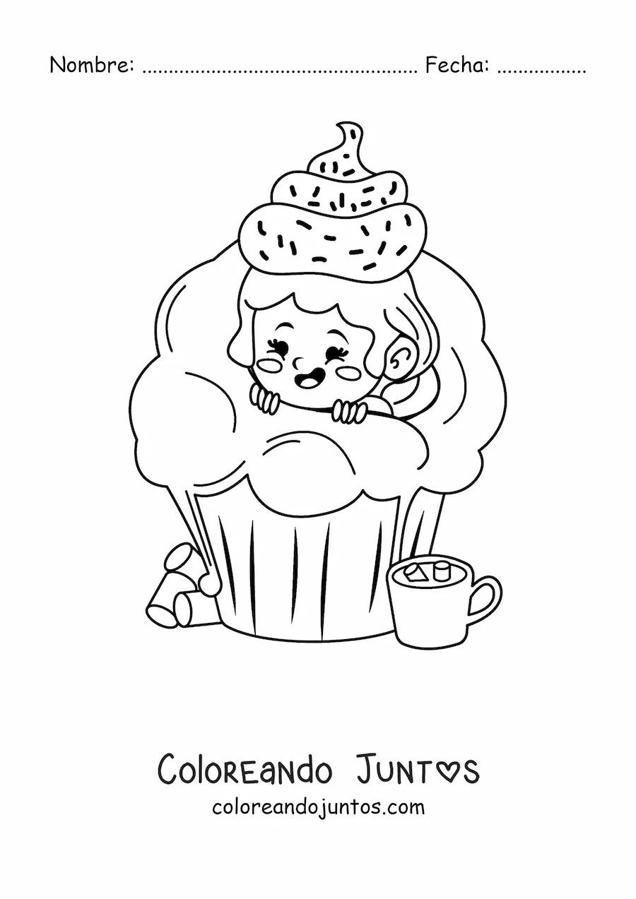 Imagen para colorear de una niña dentro de un cupcake con glaseado encima de la cabeza
