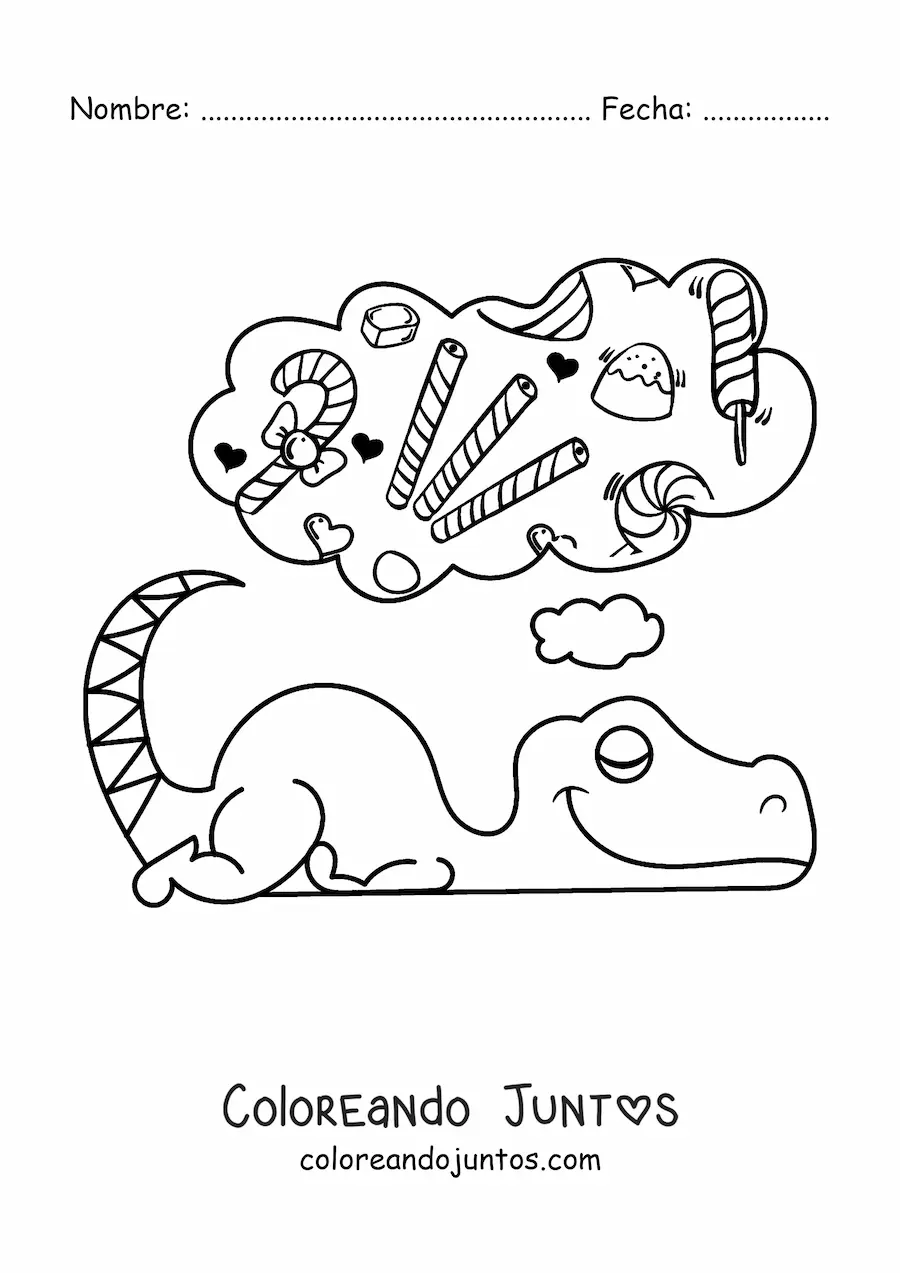 Imagen para colorear de dinosaurio bebé animado dormido soñando con dulces