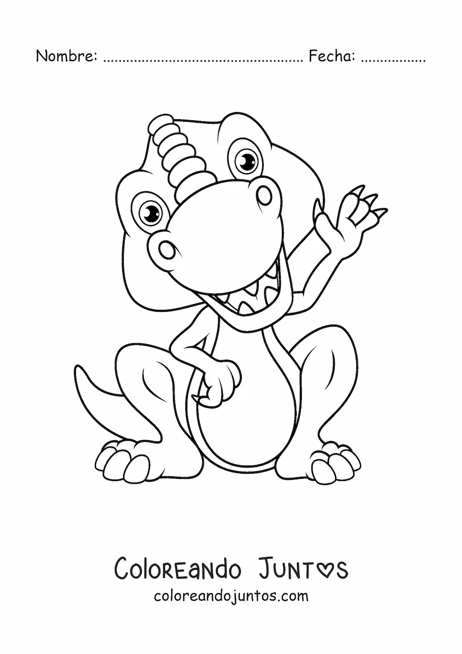 Imagen para colorear de dinosaurio bebé feliz sentado saludando