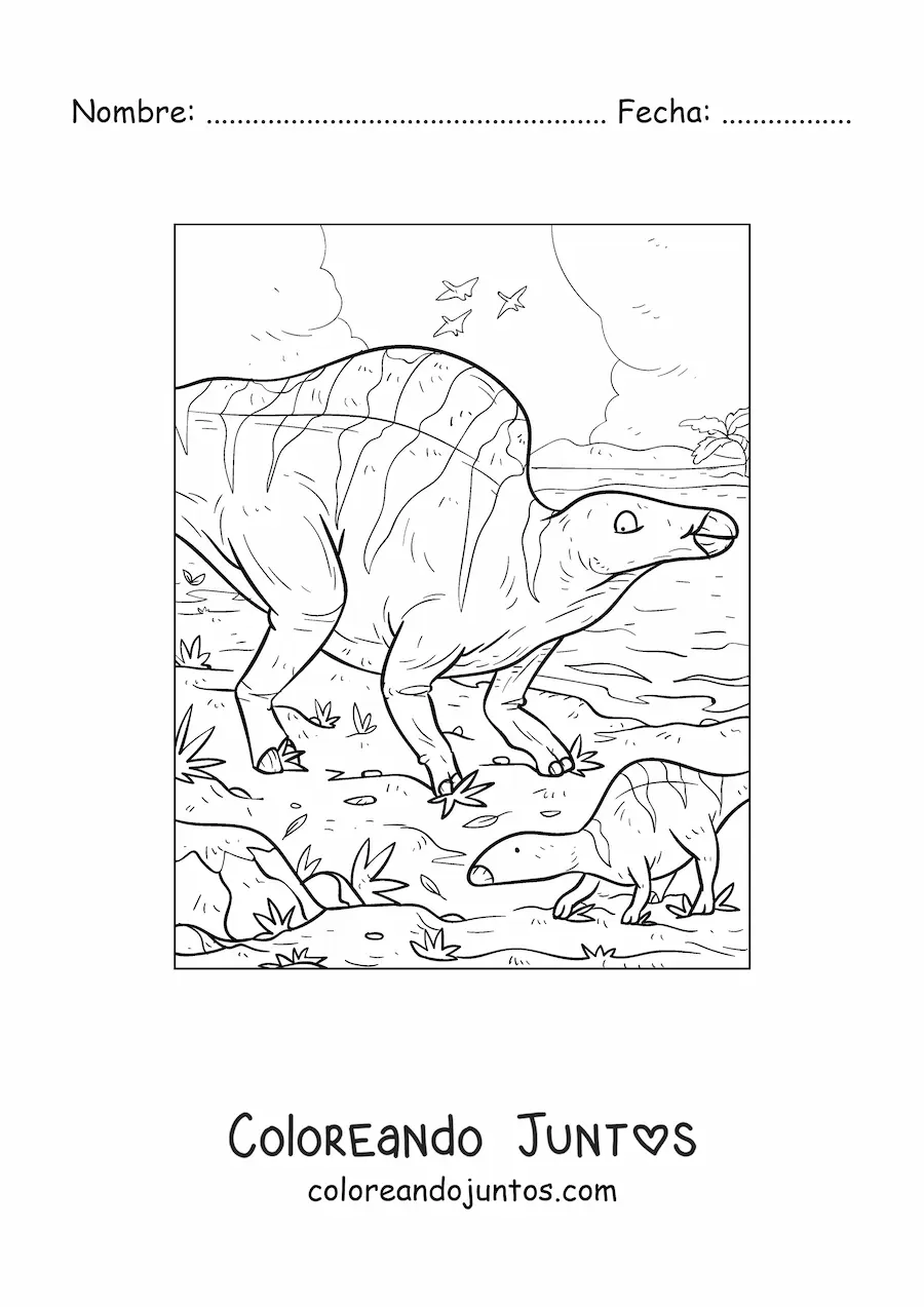 Imagen para colorear de dinosaurio morelladon herbívoro animado con sus crías
