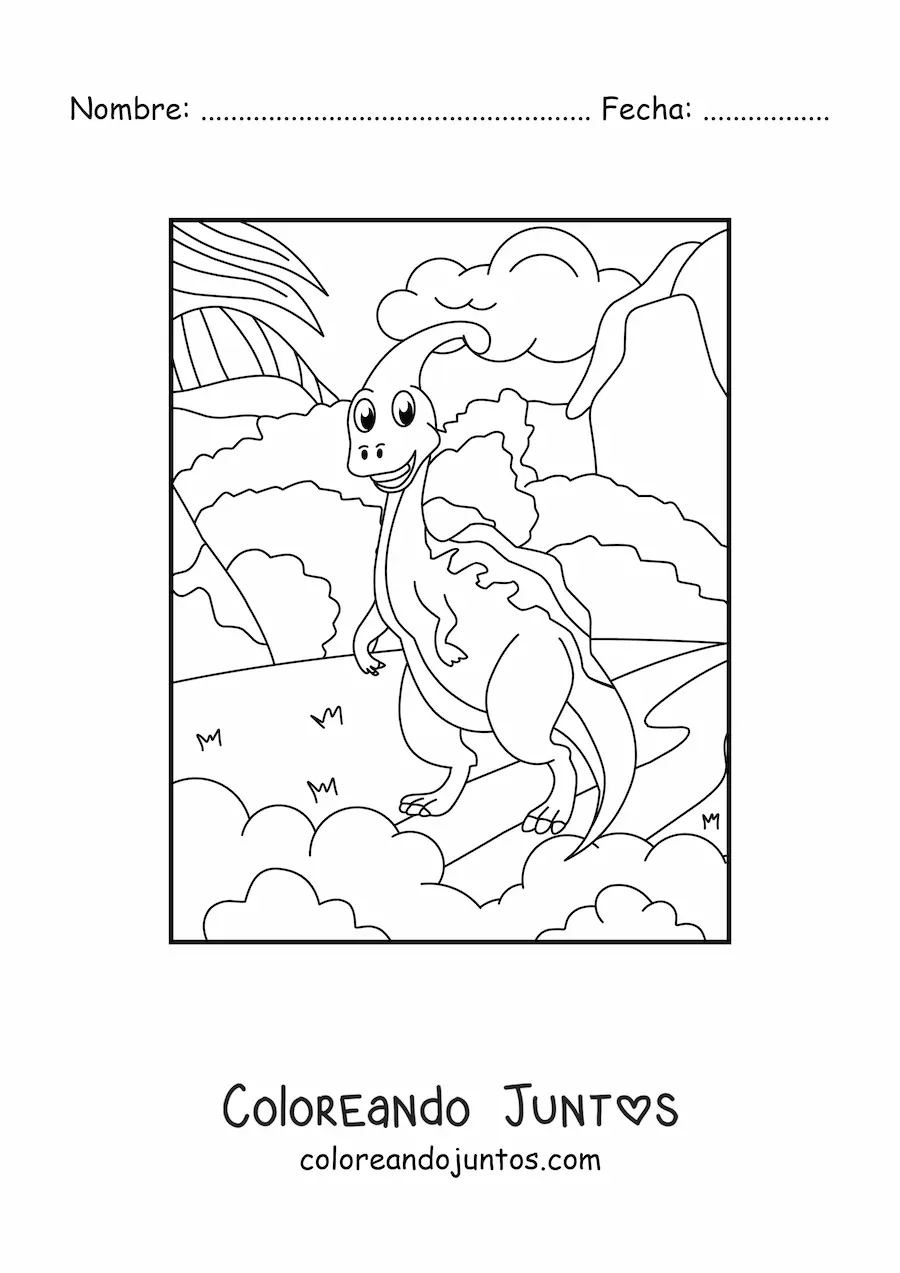 Imagen para colorear de dinosaurio herbívoro pequeño animado en su hábitat
